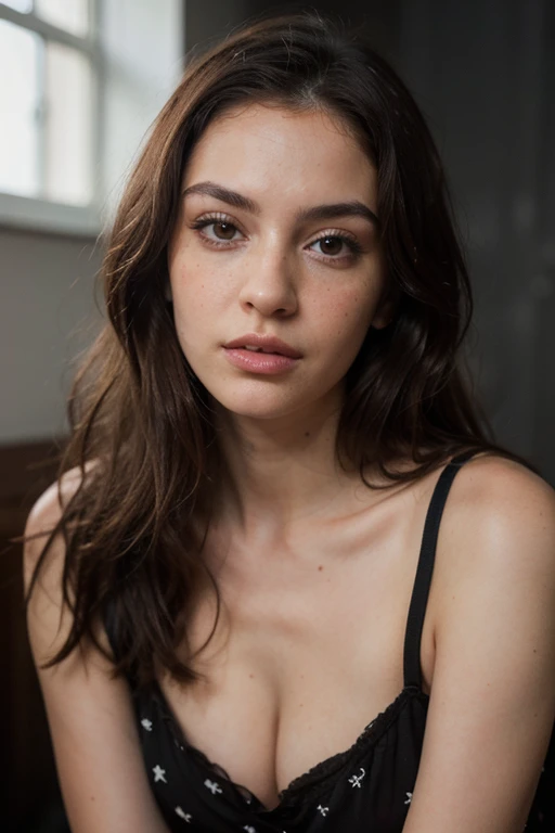 ((best quality)), ((masterpiece)), (detailed), perfect face realistic photo of beautiful woman with long dark brown hair, Russian, influencer, light freckles, dark brown eyes, big lips, no makeup, instagram, next to black wall, wearing sexy pijama