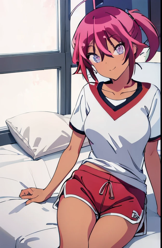 ((masterpiece)), ((best quality)), (ultra-detailed), anime style, on the bed, a cute girl, 1girl, solo, gym shorts00, ((beautiful eyes))0, smile