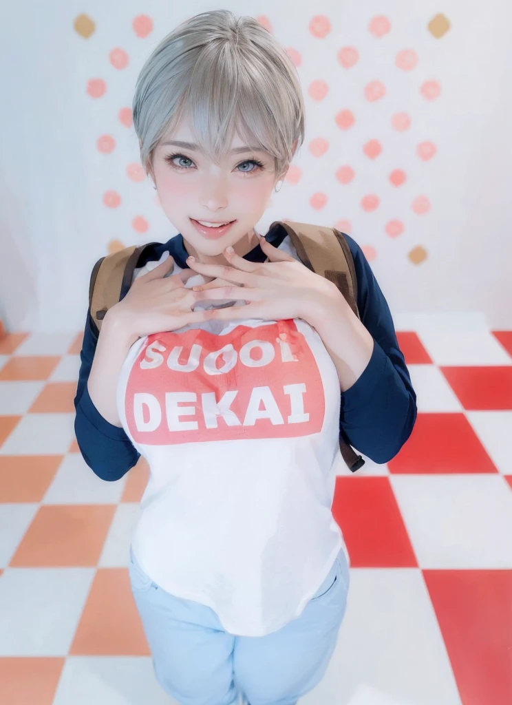 Beautiful girl, smile, short hair, bust up, open chest clothes, pants, glossy skin, , poses that show off cleavage brown eyewhite shirt , pink hair