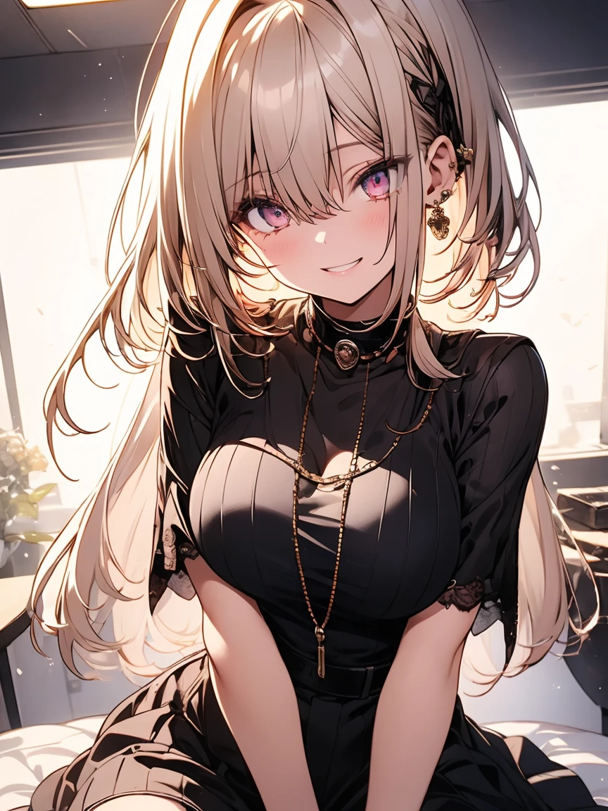 masterpiece, absurdres, best quality, ultra detailed, high Resolution, detailed illustration, extremely beautiful detailed face and eyes, bright colour, 1girl, (li), cute face, Delicate beautiful face, magenta eyes, cute eyes, sparkling eyes, big eyes, medium breasts, (perky breasts:1.1), (pointy breasts:1.1), medium hips, glamorous body, white skin, smile, BREAK, long bob cut, (blonde hair:0.8), messy hair, detailed hair, shiny hair, BREAK suit, long skirt, tiny ribbon, calling, landline, office, real world, natural lights, perfect lighting,