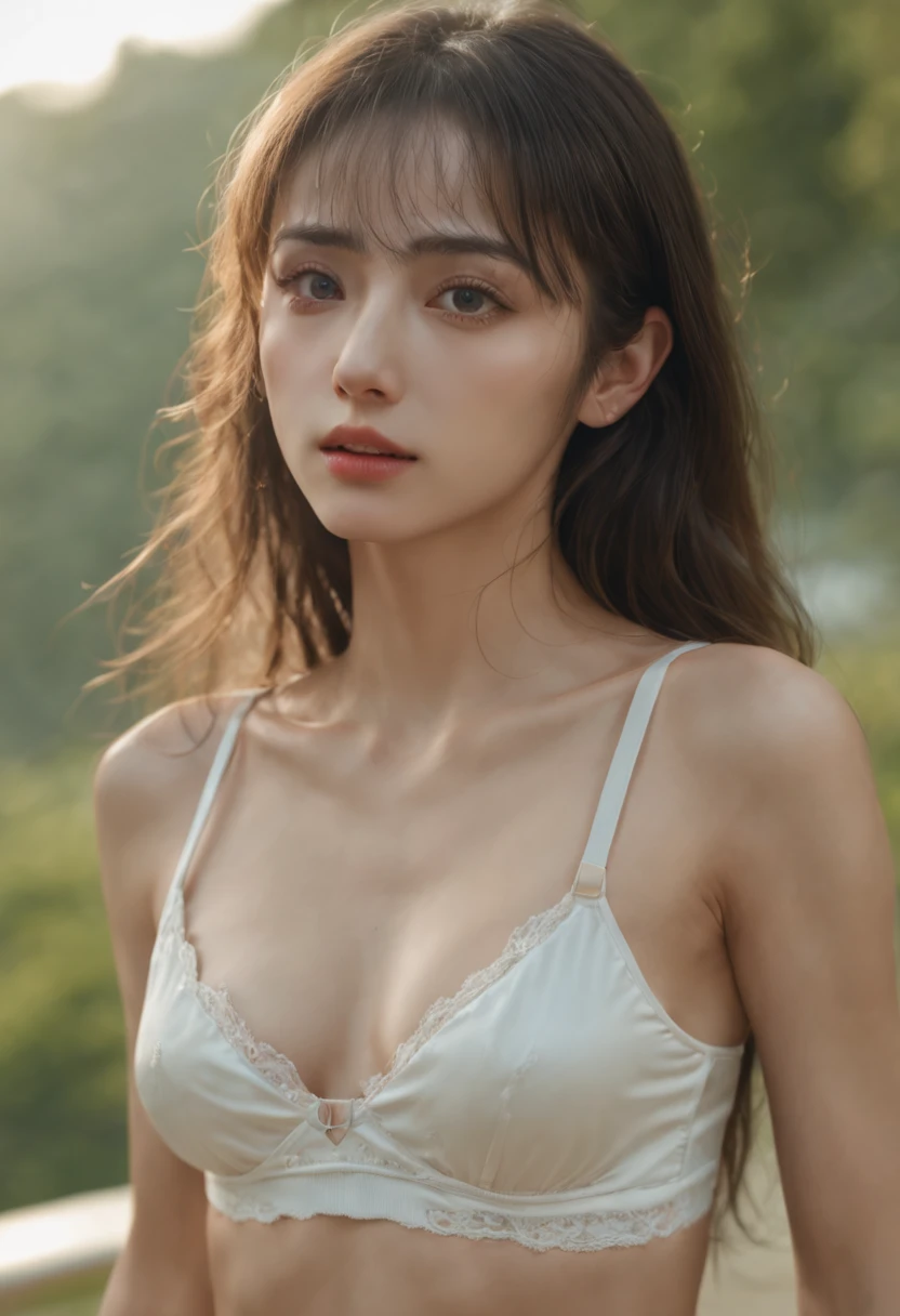 (Raw photo:1.2), (Photorealistic), (Best quality, High resolution, Masterpiece :1.3), (((FULL BODYSHOT))), F/4.0, canon, Shiny skin, beautiful face, pretty face, Detailed skin, Detailed face, Detailed eyes, 23 year old female actress, outdoor, , white shirt open, I see underwear, White bra, White panties are visible, Pleasant look, open your arms, Slim body, Young Face, Smaller chest, Immature body, Morning scene
