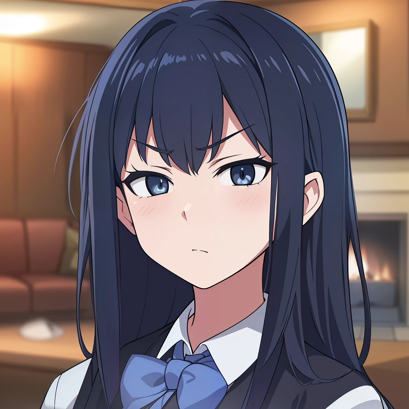 hiquality, tmasterpiece. the anime. (one girls) aristocrat. dark colored hair. gray eyes. Sullen face. Black Collet. white shirt. bow. Against the backdrop of a luxurious room. fireplace. Sofa. PICTURES. The door. carpet.