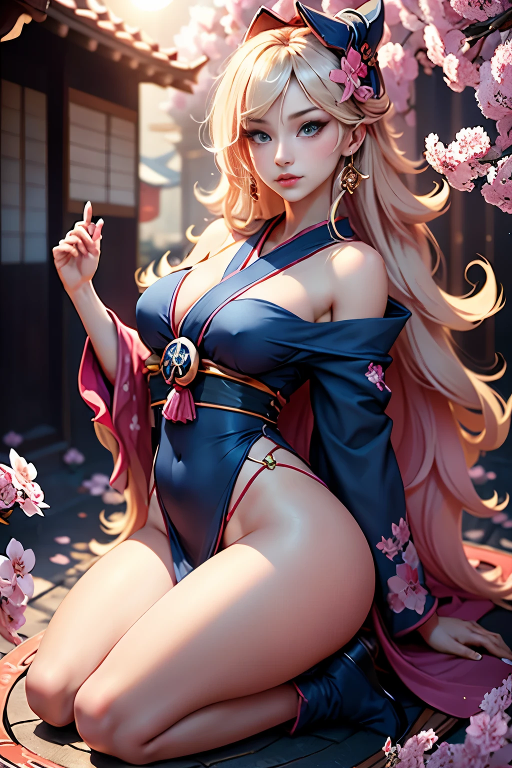 cuerpo completo,Plan completo,SFW,The Russian goddess princess in the picture of a geisha with big bright blue eyes and long fluffy Nordic type eyelashes with a perfect elegant figure and very long fluffy wavy hair of bright wheat color is in full growth in the alley against the background of Japanese pink sakura blooming in bright navy blue kimono color and Japanese shoes gain a bright navy blue color, The girl's lace kimono is intricately patterned with ultra-short frank cutouts..., Small breasts with protrusion are visible through the fabric and on the girl's ears there are beautiful earrings with precious navy blue sapphires that shine and shine in the light... The soil on which the girl is located is strewn with cherry blossoms..., The scene is highly artistic, High resolution, foco nítido, Migjorni-V5 artistic style, hiperfotorrealismo, proporciones perfectas, Photo of the golden ratio, Bengala, contorno, luz del sol, brillo suave, enfoque suave, Photo-style smooth focus through a Monocle lens.