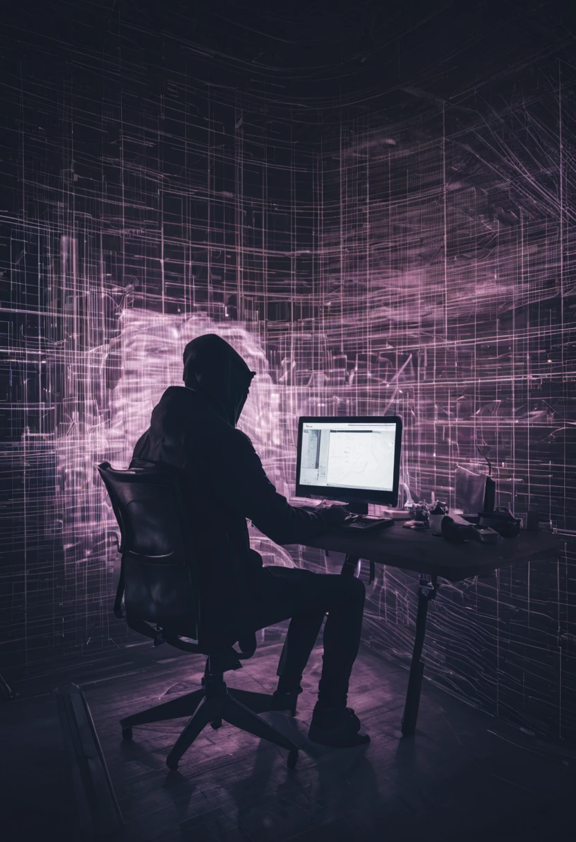 Un hacker est assis à dos, avec des écrans de devant lui. Des néons illuminant la pièce, créant une ambiance sombre avec de légères traces de fumée. Des reflets des néons se dessinent sur le mur proche du bureau. Image coupe au niveau du bas du dos. Image centrée sur le hacker