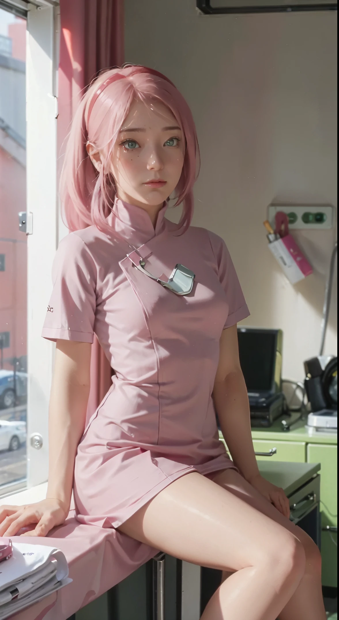 (A girl with pink double ponytail with long hair and pink nurse costume sitting on desk:1.3),1girls,(Wear pink:1.3),Nurse hat,(hospital ward:1.3),hospital bed,Doctor's table,Solo,upper-body(Bottom-up perspective:1.3),Bright geeen eye,Smile with,Sit on the ground , full full body,Short pink skirt,(leggy:1.3),Exposing the skin of the legs,(tmasterpiece),(best qulaity),Lifelike,Cinematic light,Perfect body,Pink turtleneck tight nurse uniform,Pink shirt,impossible bodysuit,Corset,