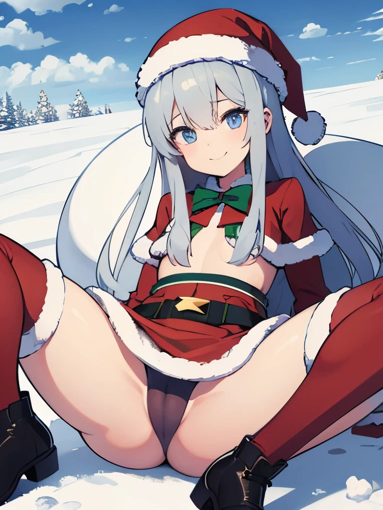 Best Quality, 4K, hight resolution, ultra-detailliert, accurate anatomy, Precise proportions, Low lighting, night time, ally, snow, I can see the sky, 1girl in, Petite, Tobler, Lori, flat chest, Smiling, shinny skin, luster skin, (santa clothes:1.2), boots, Full body shot, spread legs,