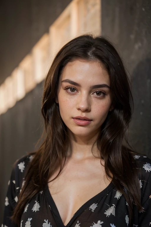((best quality)), ((masterpiece)), (detailed), perfect face realistic photo of beautiful woman with long dark brown hair, Russian, influencer, light freckles, dark brown eyes, big lips, no makeup, instagram, standing next to black wall, wearing sexy pijama