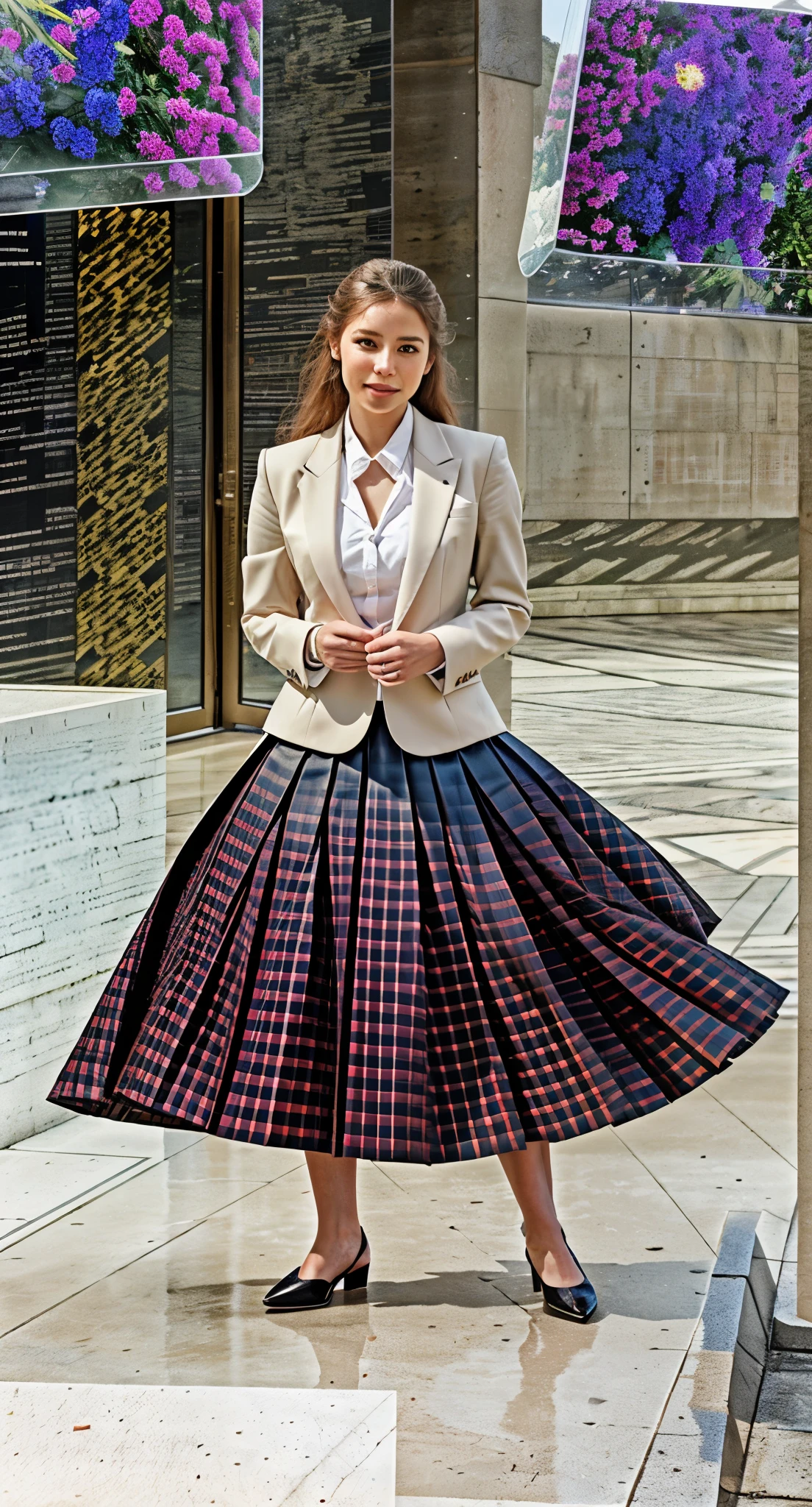 (shy:1,1) (smiling:1,5) woman playing with skirt, dancing, wearing short blazer and very very detailed (long (fully pleated) full circle skirt) and (low heeled) office shoes, very very intricate hyper-detailed symmetric (attractive graceful young feminine face) with (sad, tired eyes and a shy smile), large breasts, full of empathy and compassion and love, (pronounced (feminine) features), (highly detailed ultra accurate realistic) hands and fingers, (windy conditions and wind blowing), epic composition, highly detailed attributes, highly detailed space station background, (35mm f1.4 Kodak portra 400 photograph), extremely high quality RAW photograph,