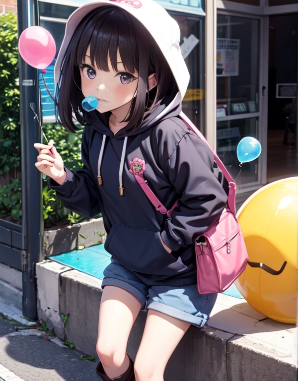 masutepiece, Best Quality, {Best Quality}, {{masutepiece}}, {hight resolution}, Illustration, 1girl in, Inoue Takina, bob katan, Black hair, (Purple eyes:1.2), blush, Blue Hoodie,shortpants,He is wearing a hood over a hat.,I have my hands in my pockets,White knee-high socks,Short boots,chewing bubble gum,Inflating a gum balloon with your mouth,Leaning against the wall,Looking at Viewer,In the street