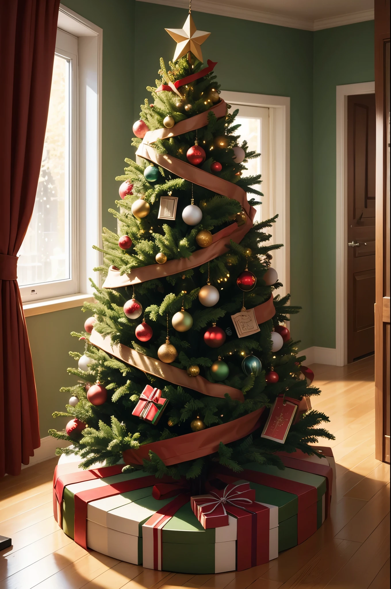 Christmas tree, books around, notebook, gifts, decoration, book decoration on the tree