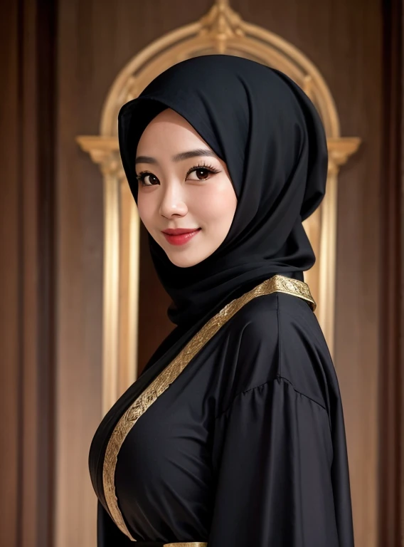 a gorgeous middle-aged busty woman, hijab, formal suit, beautiful smile showing teeth, pov, lover, cinematic lighting, (best quality,4k,8k,highres,masterpiece:1.2),ultra-detailed,(realistic,photorealistic,photo-realistic:1.37),HDR,UHD,studio lighting,ultra-fine painting,sharp focus,physically-based rendering,extreme detail description,professional,vivid colors,bokeh,portrait,photorealistic,cinematic,dramatic lighting