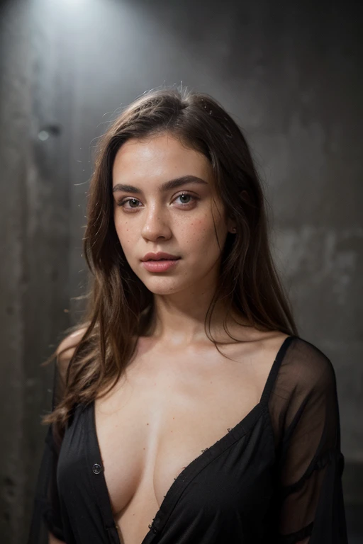 ((best quality)), ((masterpiece)), (detailed), perfect face realistic photo of beautiful woman with long dark brown hair, Russian, influencer, light freckles, dark brown eyes, big lips, no makeup, instagram, standing next to black wall, wearing sexy pijama