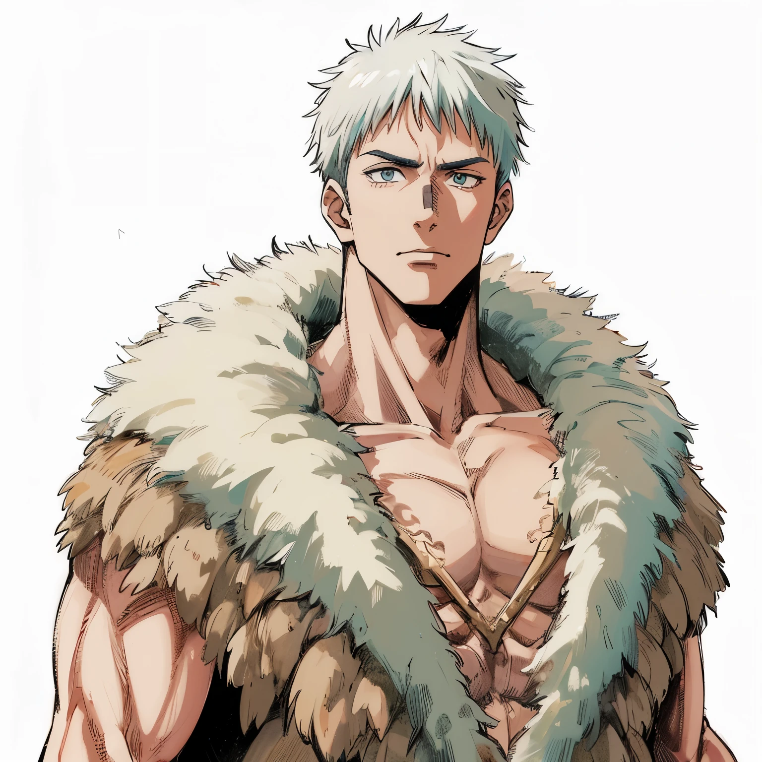a man of tall stature, white skin, short hair, slightly muscular, wearing clothes made of animal hair, in prehistoric times in anime style