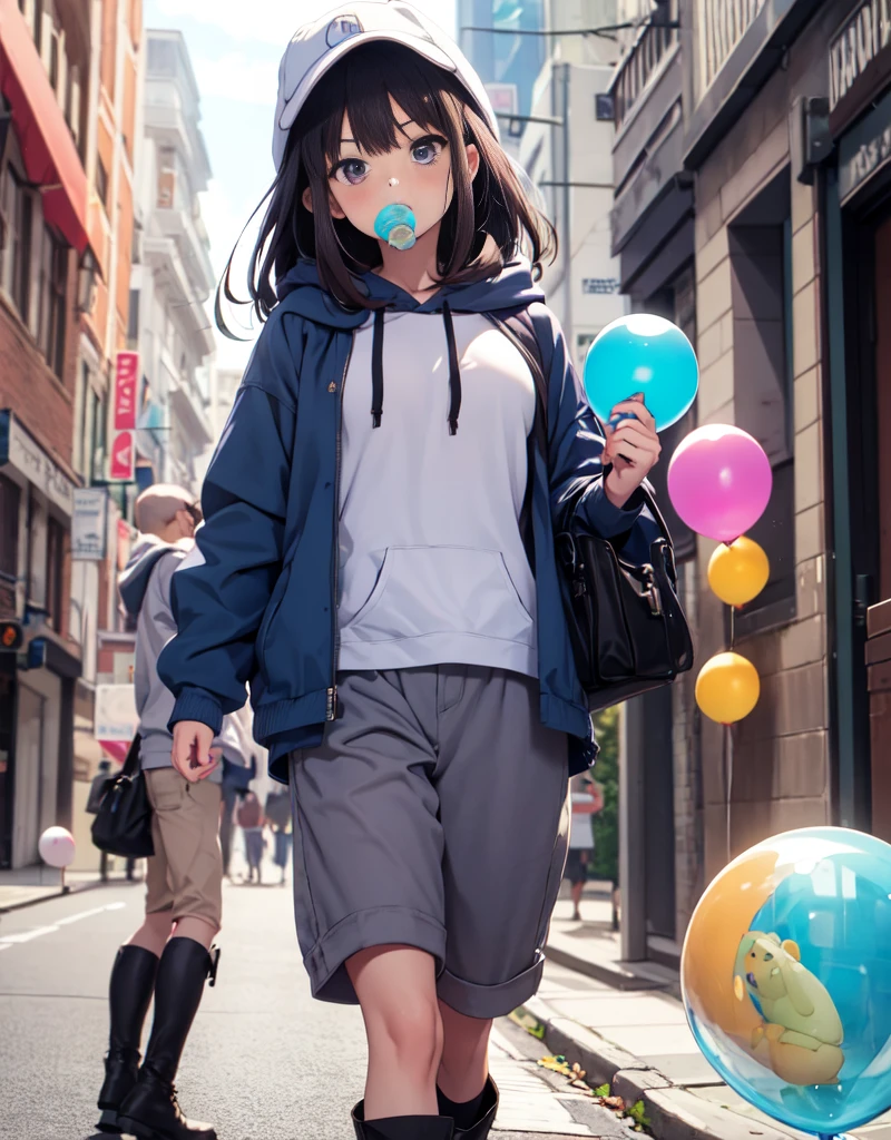 masutepiece, Best Quality, {Best Quality}, {{masutepiece}}, {hight resolution}, Illustration, 1girl in, Inoue Takina, bob katan, Black hair, (Purple eyes:1.2), blush, Blue Hoodie，shortpants，he wears a hood over his hat.，I have my hands in my pockets，White knee-high socks，Short boots，chewing bubble gum，inflate a gum balloon with your mouth，Leaning against the wall，Looking at Viewer，In the street