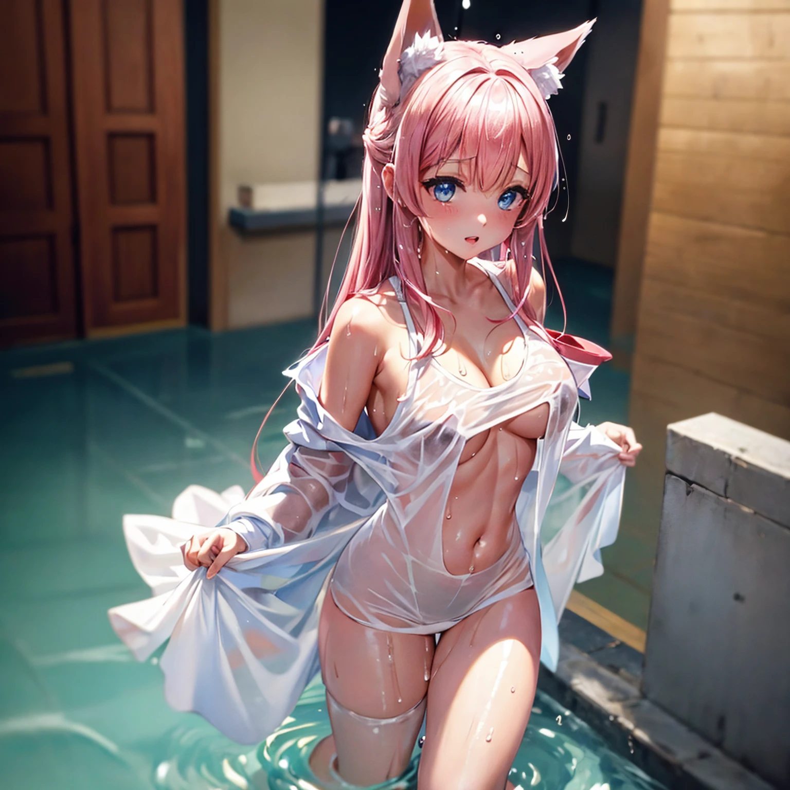 One girl anime styled。girl with。Blue eyes。 in estruig fox Tail。Looking at the camera,fox ear, pink hair, white crop top, fox tail, girl 18 old , utral light, sitting in the bedroom,hair hair, wear pantie, wear dress, salon,Wet and see-through、cute little、blushed、Chest cleavage、thighs thighs thighs thighs、No bra、witheout panties、high-level image quality、Vivid、high detailing、(( breast: 1.2)), ((blush face: 1.3)),((wet clothes:1.5)),wear white legwear,pink bikini,,((peeing:1.5))