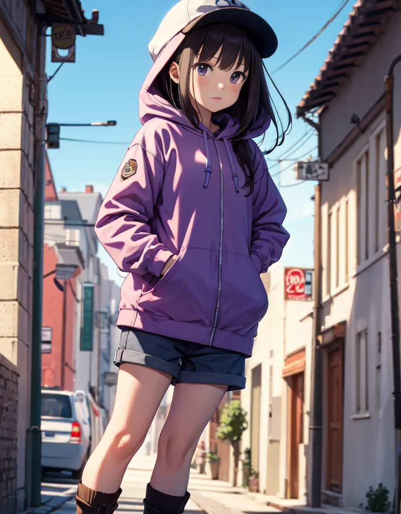 masutepiece, Best Quality, {Best Quality}, {{masutepiece}}, {hight resolution}, Illustration, 1girl in, Inoue Takina, bob katan, Black hair, (Purple eyes:1.2), blush, Blue Hoodie，shortpants，he wears a hood over his hat.，I have my hands in my pockets，White knee-high socks，Short boots，inflate gum，Leaning against the wall，Looking at Viewer，In the street