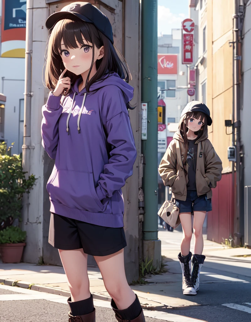 masutepiece, Best Quality, {Best Quality}, {{masutepiece}}, {hight resolution}, Illustration, 1girl in, Inoue Takina, bob katan, Black hair, (Purple eyes:1.2), blush, Blue Hoodie,shortpants,he wears a hood over his hat.,I have my hands in my pockets,White knee-high socks,Short boots,inflate gum,Leaning against the wall,Looking at Viewer,In the street
