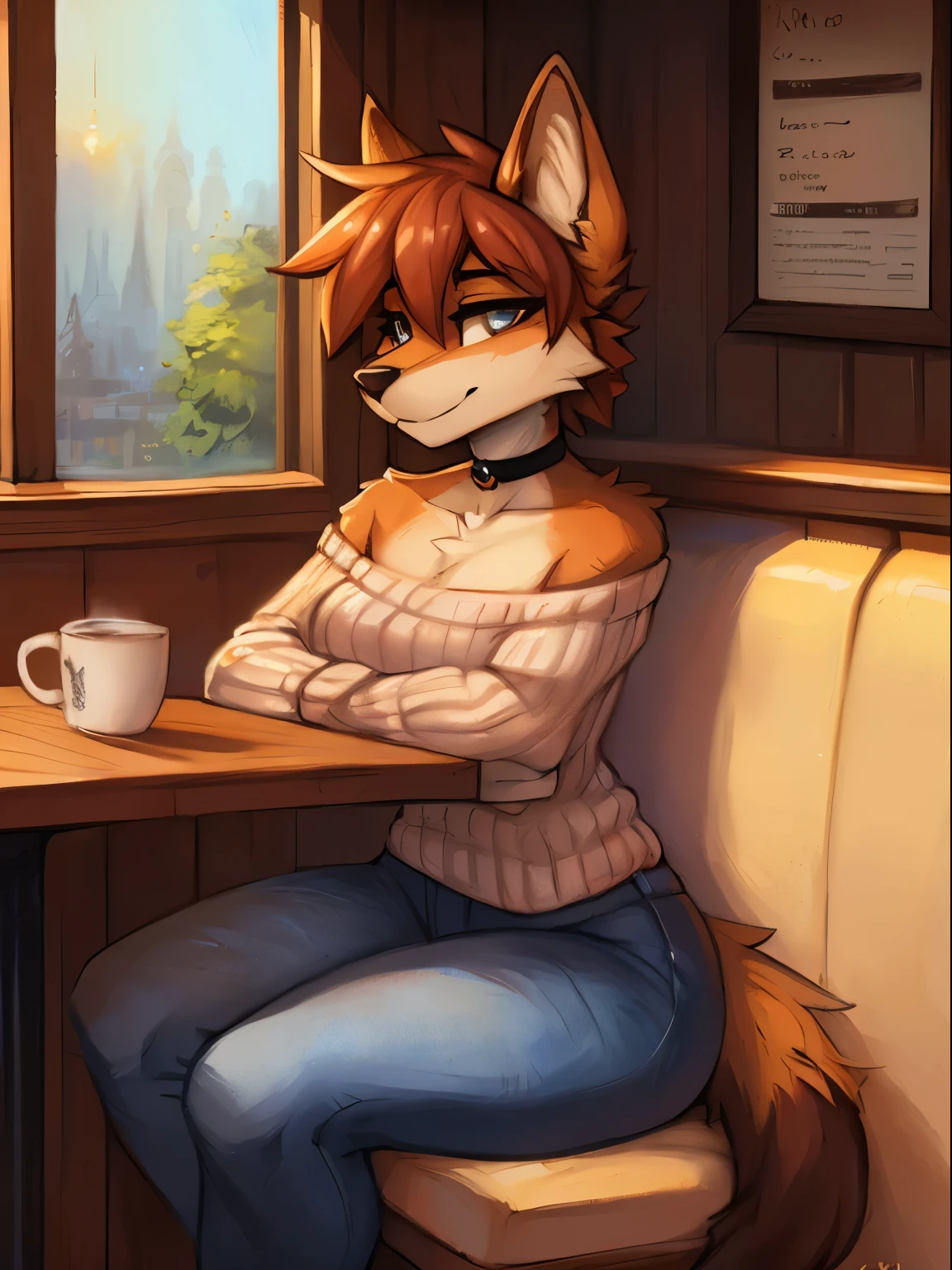 fluff-kevlar, by Zackary911, by Kenket, by Kilinah, by fluff-kevlar, (masterpiece), (best quality), (anthro furry:1.3, snout:1.2, anthro:1.3, furry:1.2, solo female:1.2), (extremely detailed:1.3), (extremely detailed eyes), (muscular figure, thick figure), (wide hips), (thick thighig breastlack jeans, choker, wearing an off-shoulder sweater, day time, (coffee shop background), sitting in a booth, (perfect posture, king expression),