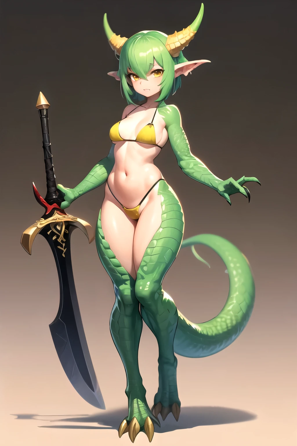 masterpiece, best quality, 1girl, detailed face, full body, monster girl, lizardman girl, green scales, green hair, yellow eyes, black bikini , sword in right hand