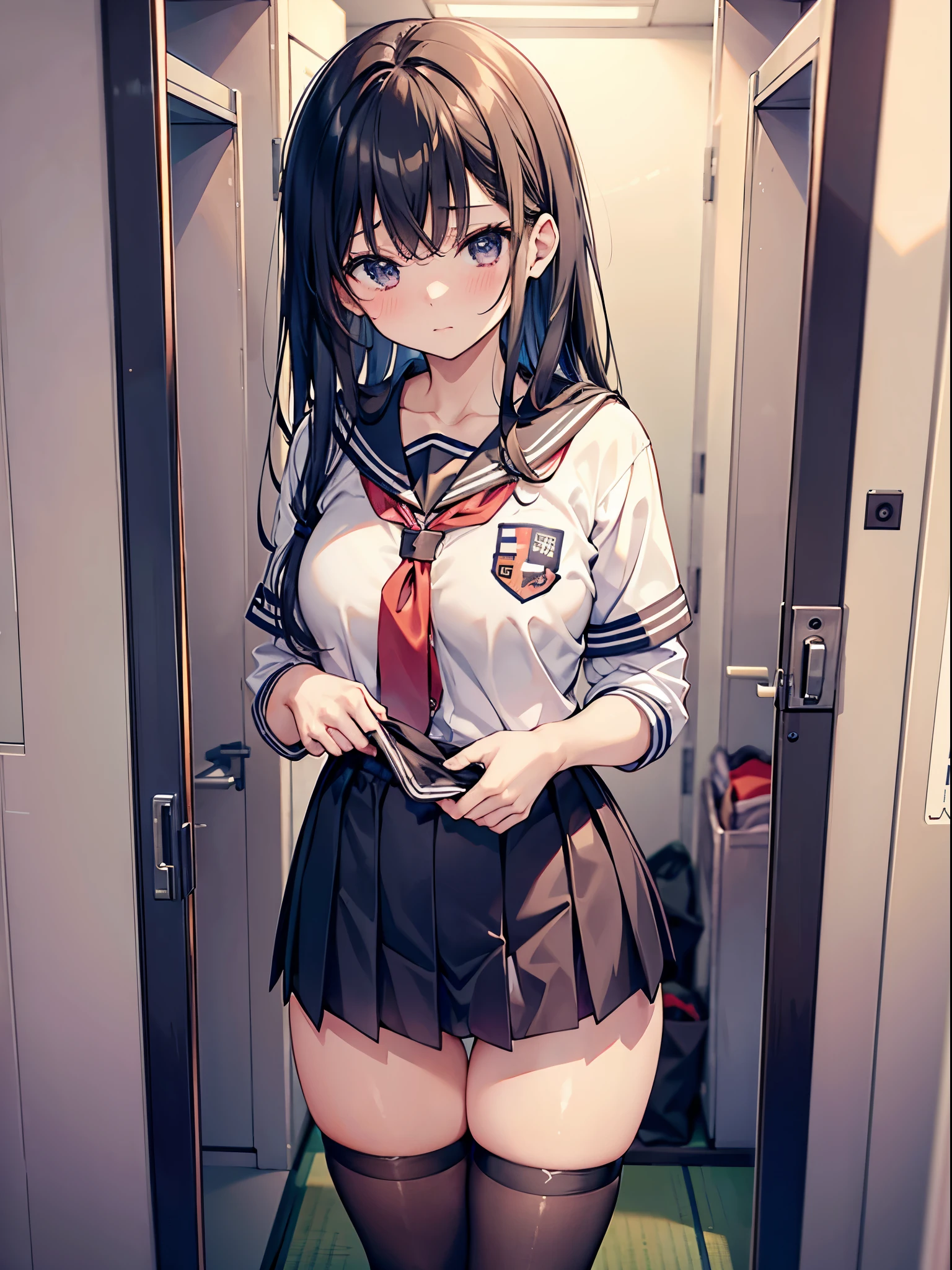 This is the changing room of a Japanese girls&#39; high school.、A high school girl changing clothes in the locker room is in the process of taking off her uniform.、On the way to take off、seminude、R-18 、erotic manga、erotic illustration、adult doujinshi、Underwear is visible、They have pubic hair growing on their thighs.、I'm wearing black stockings、A woman with a good amount of flesh、I&#39;m taking off my casual clothes、All Japan