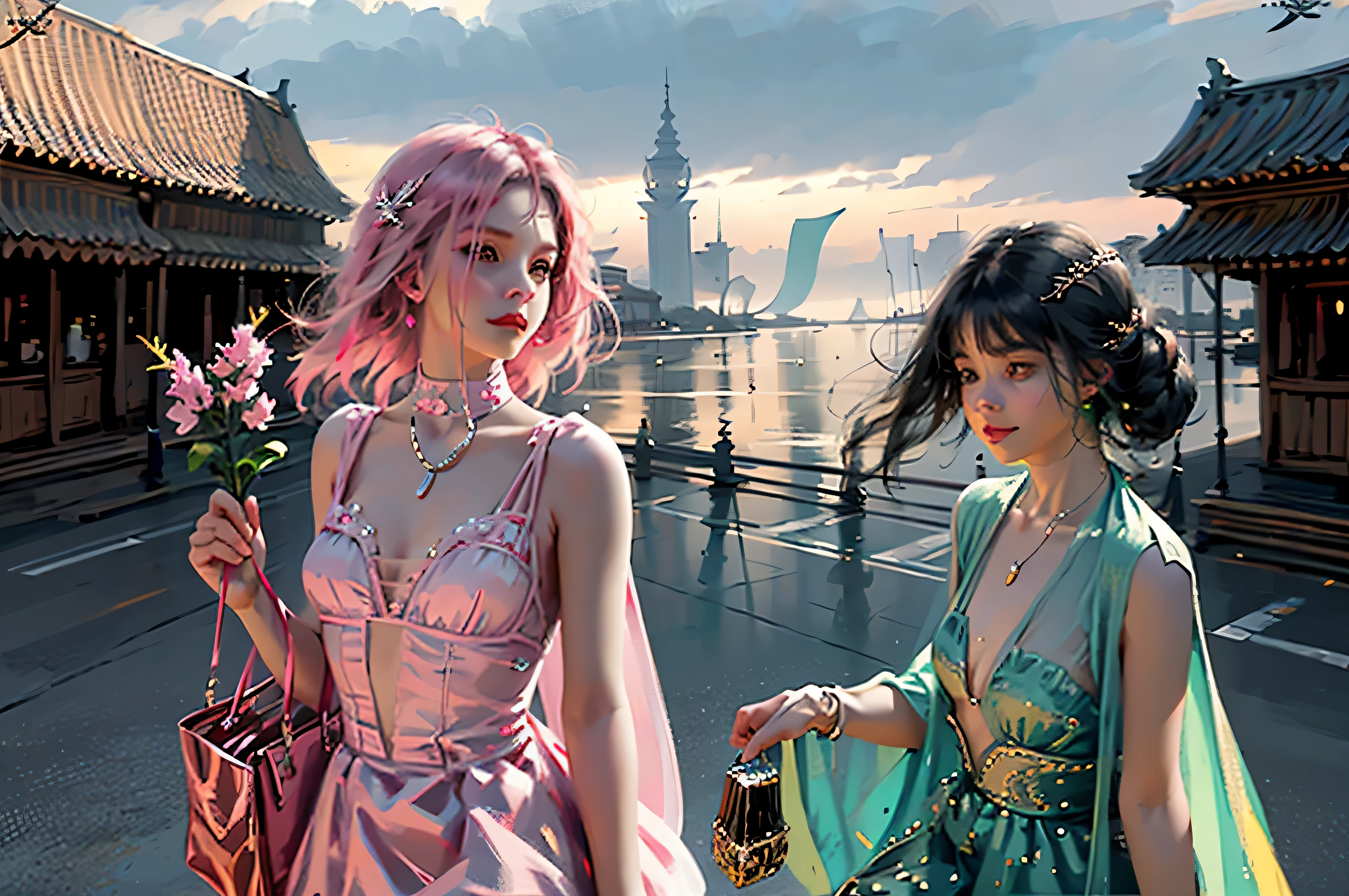 oilpainting style,,super long hair, head chain, rim light, back light, sunset, pastel color, earrings, sky, necklace, wind, (masterpiece、top-quality、top-quality、Detailed and complex、Official art、Beautifully Aesthetic:1.3)(Fractal Art:1.3)、colourfull、Vivid , best quality,ultra high res,, floating flowers, floating hairs, (shining), best lighting, best shadow, blurry background, Crepuscular rays, foggy, ((rim light)),, warm light,The overall effect is one of timeless elegance and grace,Super detailed,Make another scene with the same style, barbie is now outside the perfume store, now she's holding the perfume store bag, shes about to enter her car, her car is a C1 Corvette, pink with white, C1 Corvette, shes wearing a checkered pink and white dress and the background is showing a 80 California, with palm trees and a lot of pink flowers.
