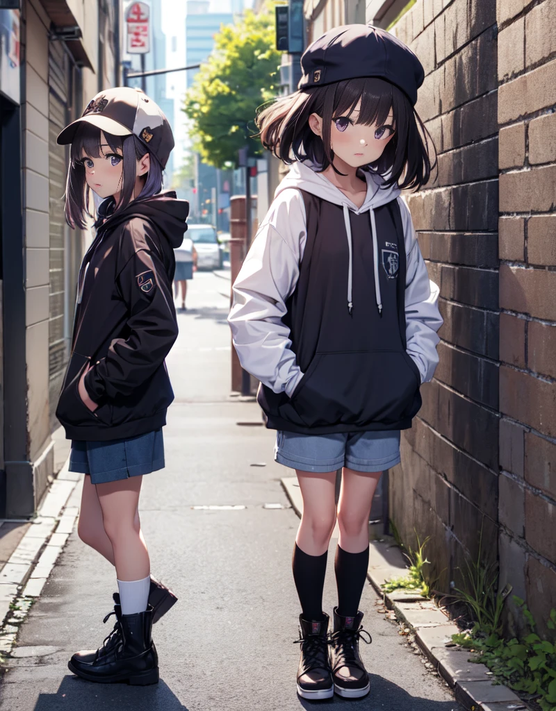 masutepiece, Best Quality, {Best Quality}, {{masutepiece}}, {hight resolution}, Illustration, 1girl in, Inoue Takina, bob katan, Black hair, (Purple eyes:1.2), blush, Blue Hoodie，shortpants，he wears a hood over his hat.，I have my hands in my pockets，White knee-high socks，Short boots，inflate gum，Leaning against the wall，Looking at Viewer，In the street