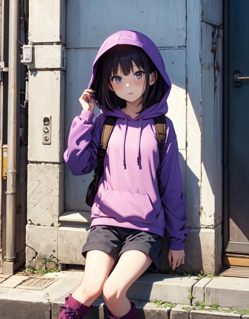 masutepiece, Best Quality, {Best Quality}, {{masutepiece}}, {hight resolution}, Illustration, 1girl in, Inoue Takina, bob katan, Black hair, (Purple eyes:1.2), blush, Blue Hoodie,shortpants,he wears a hood over his hat.,I have my hands in my pockets,White knee-high socks,Short boots,inflate gum,Leaning against the wall,Looking at Viewer,In the street