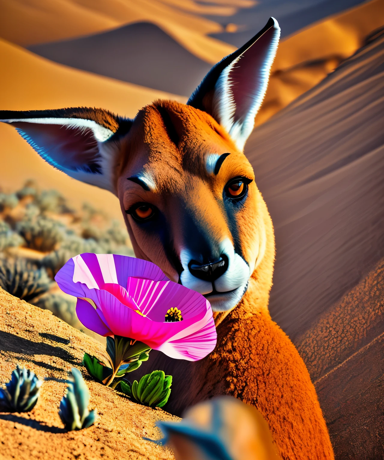 Pink kangaroo sniffs a red poppy flower against the background of the Sahara sands --auto --s2