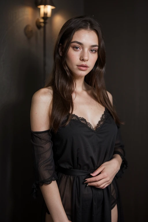 ((best quality)), ((masterpiece)), (detailed), perfect face realistic photo of beautiful woman with long dark brown hair, Russian, influencer, light freckles, dark brown eyes, big lips, no makeup, insagram, standing next to black wall, wearing sexy night gown