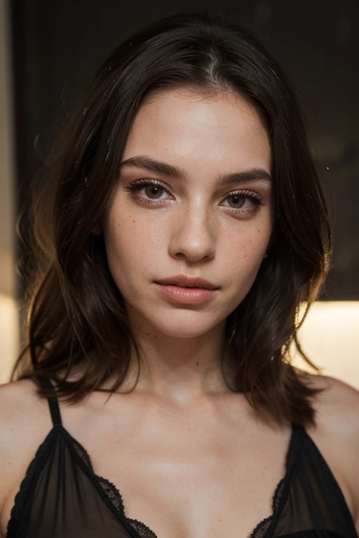 ((best quality)), ((masterpiece)), (detailed), perfect face realistic photo of beautiful woman with long dark brown hair, Russian, influencer, light freckles, dark brown eyes, big lips, no makeup, insagram, standing next to black wall, wearing sexy night gown