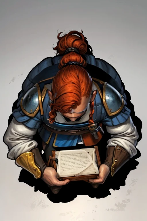 top view, top view, character looking down, white background, hq, man, tavern ,RPG dnd, RPG, white background, only the cleric in the image, redhead, Jesper Ejsing art style.