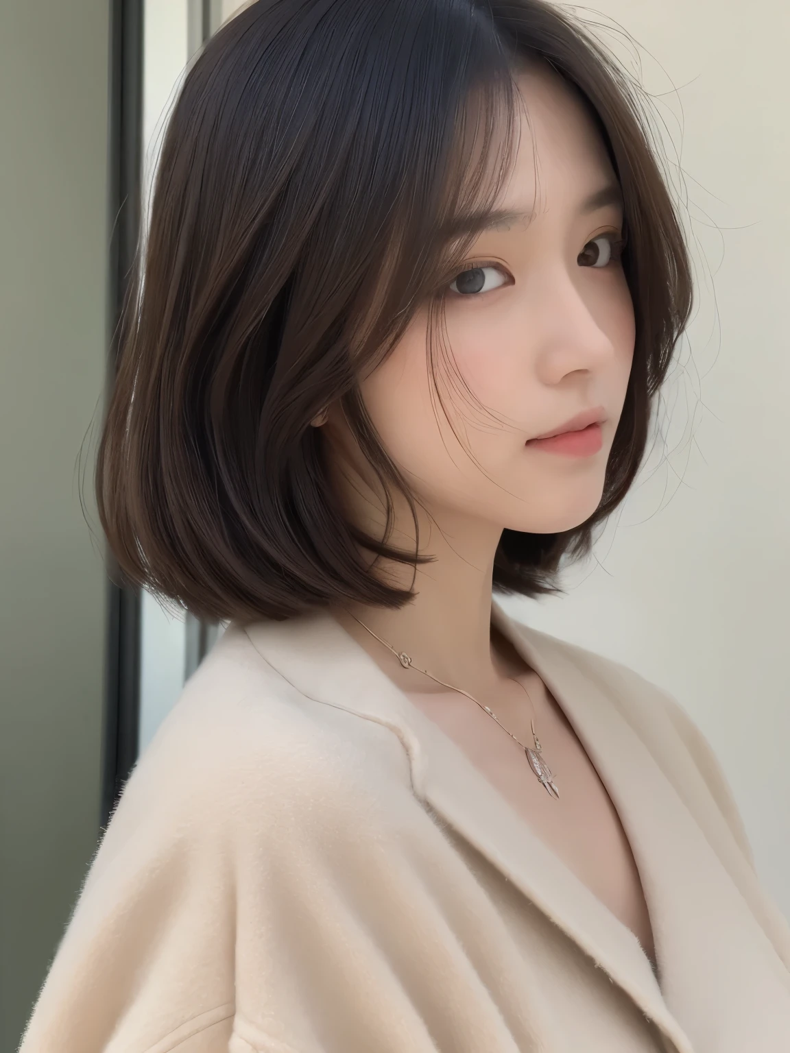 (8K、Raw photo、highest quality、masterpiece:1.2)、High-definition RAW color photo、professional photos、(realistic、photo realistic:1.37)、cinematic light、1 girl、laughter、white wall、Taken in front of the white door、(窓のあるwhite wallの部屋)、Versatile poses、squat、squat、break (Ombre:1.3) 、Winter clothes、simple necklace、white sweater、(Beautiful profile:1.3)、Don't look at the camera、profile、bob、bobヘア、bob cuts、((Navy hair color))、ロングbob、profile、normal and detailed eyes、Dark brown eyes