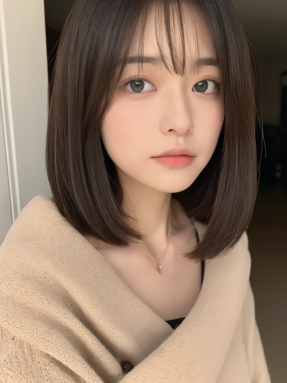 ((Best Quality, 8K, masutepiece:1.3)), Focus:1.2, Perfect Body Beauty:1.4, ((Layered Haircut)),Highly detailed facial and skin texture, Fine eyes, Double eyelids, Whitened skin, Long blue hair, japanes、1girl in,Close the button、(((ハイネックのWinter clothes)))、Autumn clothes、Winter clothes、Simple Necklace、(Dark brown medium shorthair)、Poses variadas、Don't look at the camera、profile、Natural Color Lip、Crouch down、crouching down、white walls、Taken in front of the white door、(窓のあるwhite wallsの部屋)