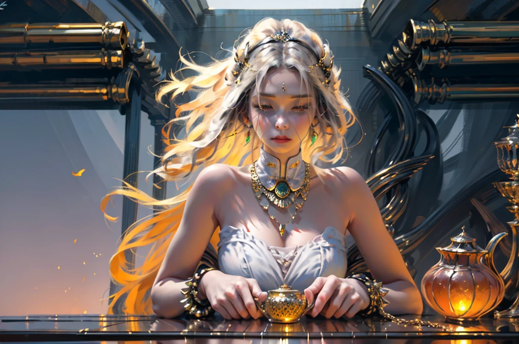 (((Masterpiece, highest quality, high definition, high detail)))), ((((Fantasy))), one, (Elf woman)))), (short skirt of white with gold embroidery), (blonde long straight hair), (glossy dark green eyes), (white ruffled blouse embroidered with gold), big, (((on the deck of a sailing ship at sea)), (vast sea))), (The firmament with clouds visible)), (( Seagulls flying in the sky)), smile, (breeze), particles of light flying,(Masterpiece), best quality, highest quality, highly detailed CG unity 8k wallpaper, original, high resolution, (depth of field: 1.5) jewelry, solo, earrings, makeup,oilpainting style,,super long hair, head chain, rim light, back light, sunset, pastel color, earrings, sky, necklace, wind, (masterpiece、top-quality、top-quality、Detailed and complex、Official art、Beautifully Aesthetic:1.3)(Fractal Art:1.3)、colourfull、Vivid , best quality,ultra high res,, floating flowers, floating hairs, (shining), best lighting, best shadow, blurry background, Crepuscular rays, foggy, ((rim light)),, warm light,The overall effect is one of timeless elegance and grace,Super detailed,UHD, Retina, Masterpiece, Accurate, Anatomically Correct, Super Detailed, High Detail, Fine Skin, Best quality, masterpiece, super detailed high resolution, (realistic: 1.4), speed paint, conceptual art, glitter effect,, (Dynamic Light: 1.2), Cinematic Light, Delicate Facial Features, Detailed Eyes, Sharp Pupils, Realistic Pupils,(Pendanteautiful and aesthetic: 1.2)),{{hyper detailed masterpiece: 1.7}}, {{Cinematic lighting}} (Fractal Art: 1.3), {{{The best lighting, Very delicate and beautiful}}}, (( Cinematic Light)), (ray trace reflection, Glolowing aura)), {{{Glowing hair:1.25}}}, ((Super Detail)), (8K)), speed paint, trending on artstation, dynamic view