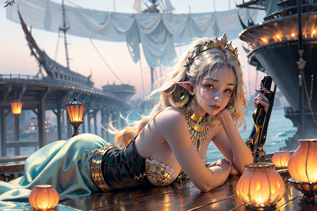 (((Masterpiece, highest quality, high definition, high detail)))), ((((Fantasy))), one, (Elf woman)))), (short skirt of white with gold embroidery), (blonde long straight hair), (glossy dark green eyes), (white ruffled blouse embroidered with gold), big, (((on the deck of a sailing ship at sea)), (vast sea))), (The firmament with clouds visible)), (( Seagulls flying in the sky)), smile, (breeze), particles of light flying,(Masterpiece), best quality, highest quality, highly detailed CG unity 8k wallpaper, original, high resolution, (depth of field: 1.5) jewelry, solo, earrings, makeup,oilpainting style,,super long hair, head chain, rim light, back light, sunset, pastel color, earrings, sky, necklace, wind, (masterpiece、top-quality、top-quality、Detailed and complex、Official art、Beautifully Aesthetic:1.3)(Fractal Art:1.3)、colourfull、Vivid , best quality,ultra high res,, floating flowers, floating hairs, (shining), best lighting, best shadow, blurry background, Crepuscular rays, foggy, ((rim light)),, warm light,The overall effect is one of timeless elegance and grace,Super detailed,UHD, Retina, Masterpiece, Accurate, Anatomically Correct, Super Detailed, High Detail, Fine Skin, Best quality, masterpiece, super detailed high resolution, (realistic: 1.4), speed paint, conceptual art, glitter effect,, (Dynamic Light: 1.2), Cinematic Light, Delicate Facial Features, Detailed Eyes, Sharp Pupils, Realistic Pupils,(Pendanteautiful and aesthetic: 1.2)),{{hyper detailed masterpiece: 1.7}}, {{Cinematic lighting}} (Fractal Art: 1.3), {{{The best lighting, Very delicate and beautiful}}}, (( Cinematic Light)), (ray trace reflection, Glolowing aura)), {{{Glowing hair:1.25}}}, ((Super Detail)), (8K)), speed paint, trending on artstation, dynamic view