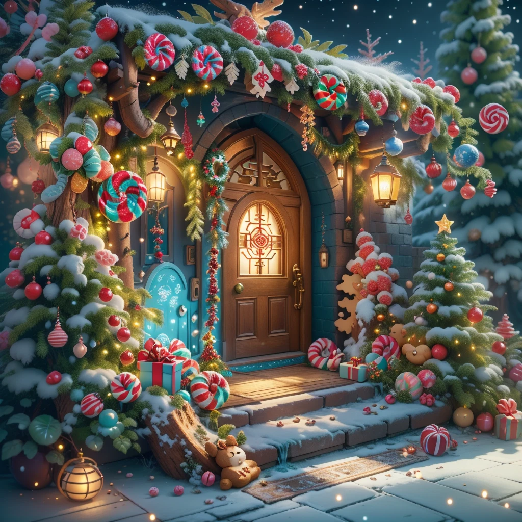 (tmasterpiece),（ultra - detailed:1.3），(Close-up: 1.8), Best quality，（棉花糖一样的白yuki:1.2），（Christmas courtyard in blue fairy tale:1.6），(蓝色门上圣诞decorationlower ring: 1.8),（suns），(((Delicious candies in front of the door，Christmas tree, gifts, Christmas stockings, cute gingerbread man，chocolate house splash))), Illustration style, decorations, Fantasy Christmas small courtyard, Lovely design style, yuki，rays of sunshine，vivd colour、 ((Whimsical and charming fantasy)), Surreal portrait, (Fantasy themed Christmas cabin), (Whimsical Christmas Accessories), (Colorful, Landscape full of candy), (enchanting, 神奇的Christmas tree), (A vibrant one, Candy-colored courtyard), (Candy Road), (blue candy door) in distance, (Like a mirror, 不对称tmasterpiece钟表配件), (Rich, fantasticcolors), (温暖的rays of sunshine), (four dimensional dream), (enchanting atmosphere), (Playful composition), (生动的rays of sunshine效果), 1.4x realism，hyper HD，Shown in this beautiful scene，(Very meticulous，Reasonable design，Clear lines，High- sharpness，tmasterpiece，offcial art，movie light effect，8K)