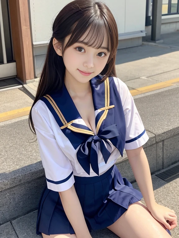 japanes、girl with、1人、sixteen years old、A dark-haired、length hair、poneyTail、High school students、A slender、high-school uniform、a sailor suit、やぶけた白いa sailor suit、ボタンが外れたa sailor suit、Her lace underwear is visible from her bare chest.、shortsleeves、cleavage of the breast、Dark blue mini skirt、thighs thighs thighs thighs、knee sox、tiny chest、Gentle smile、lightly dressed、Skin revealing、decolletage、unclear、A hyper-realistic