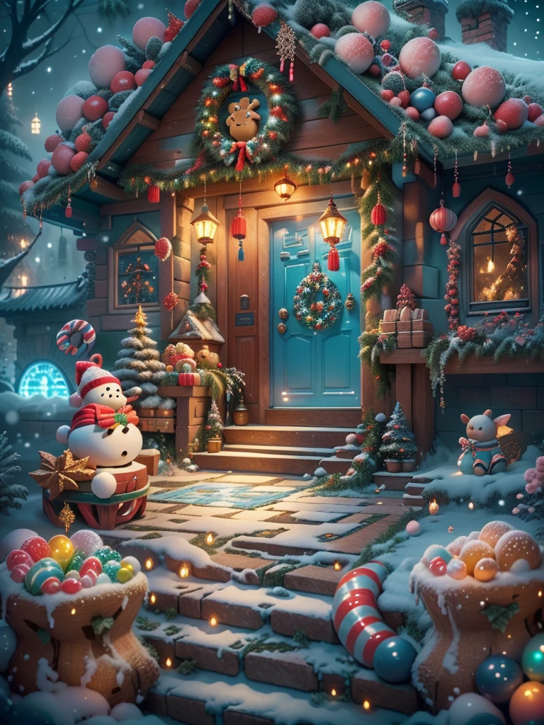(tmasterpiece),(ultra - detailed:1.3),(Close-up: 1.8), Best quality,(棉花糖一样的白yuki:1.2),(Christmas courtyard in blue fairy tale:1.6),(蓝色门上圣诞decorationlower ring: 1.8),(suns),(((Delicious candies in front of the door,Christmas tree, gifts, Christmas stockings, cute gingerbread man,chocolate house splash))), Illustration style, decorations, Fantasy Christmas small courtyard, Lovely design style, yuki,rays of sunshine,vivd colour、 ((Whimsical and charming fantasy)), Surreal portrait, (Fantasy themed Christmas cabin), (Whimsical Christmas Accessories), (Colorful, Landscape full of candy), (enchanting, 神奇的Christmas tree), (A vibrant one, Candy-colored courtyard), (Candy Road), (blue candy door) in distance, (Like a mirror, 不对称tmasterpiece钟表配件), (Rich, fantasticcolors), (温暖的rays of sunshine), (four dimensional dream), (enchanting atmosphere), (Playful composition), (生动的rays of sunshine效果), 1.4x realism,hyper HD,Shown in this beautiful scene,(Very meticulous,Reasonable design,Clear lines,High- sharpness,tmasterpiece,offcial art,movie light effect,8K)