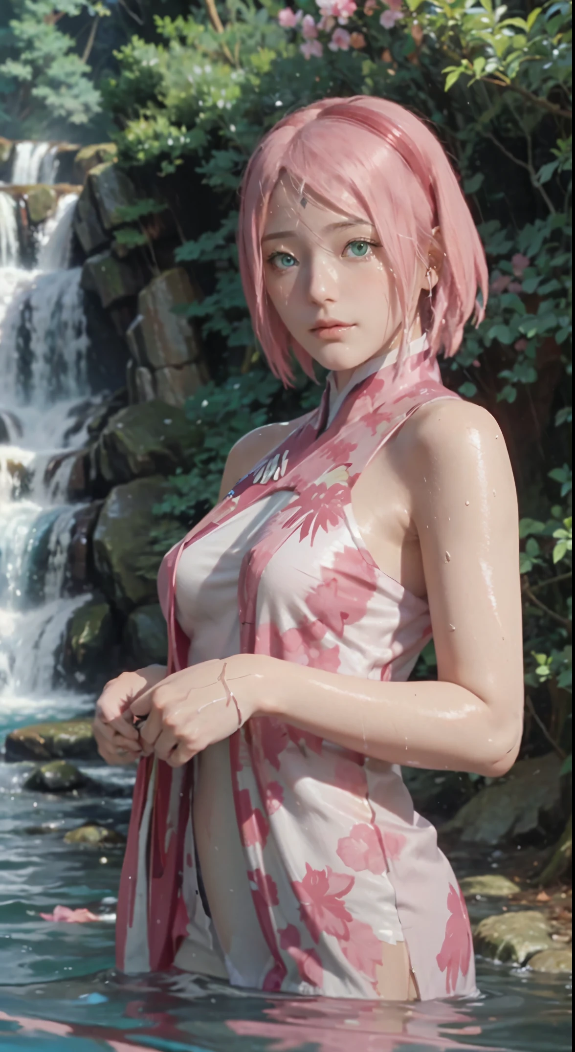 masterpiece、8K、32K、top-quality、(A cute Japanese woman sakura haruno:1.3)、detail portrayal、1 girl in、elegent、23years old、Cleavage of、(Naked towel:1.1)、(Colored leaves、Sunnyday:1.3)、Soaking in the open-air bath、细致背景、cowboy shot、ssmile、rays of sunshine、(getting wet:1.2) pink hair in a ponytail , beautiful green eyes