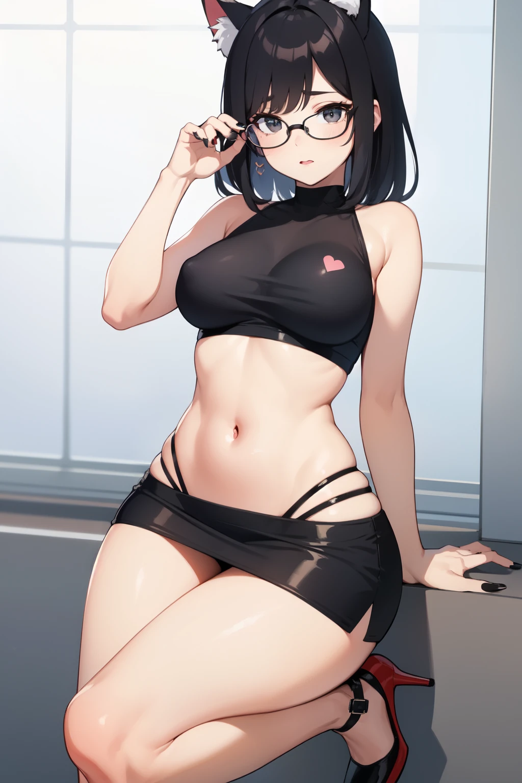 ((best quality)), A white girl with a cute face, wearing prescription glasses, rosy cheeks, big and wide eyes, black hair, black eyes, long eyelashes, black nail polish, a large and prominent chest, a medium waist, wearing a sleeveless short t-shirt, an extremely short skirt below the navel, and black high heels, cat ears ,soo horny, heart eyes