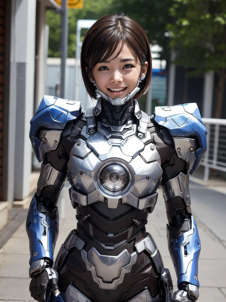 Textured skin, Super Detail, high details, High quality, Best Quality, hight resolution, 1080p, hard disk, Beautiful,(War Machine),beautiful cyborg woman,Mecha Cyborg Girl,Very Shorthair、sweaty brown eyes、sexy eye、a smile　embarassed expression　Opening Mouth　Moist eyes　Junior high school girls　　(Fulll body Shot)Looks spicy　(The limit of patience)  Looking up　Full Face Mask