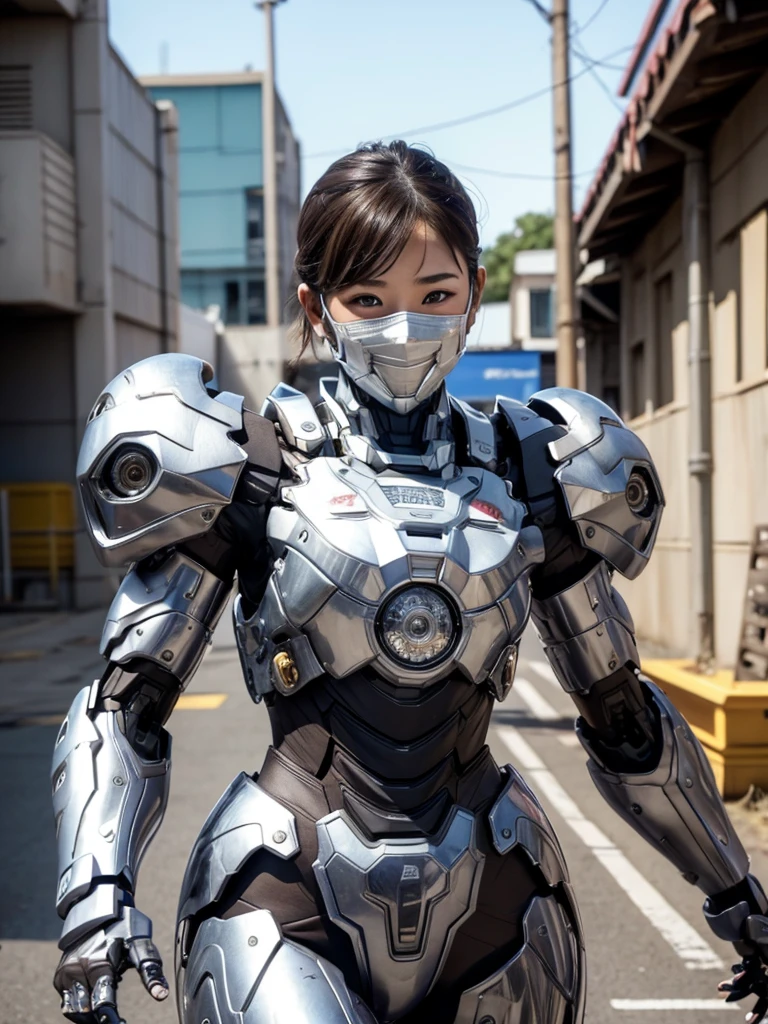 Textured skin, Super Detail, high details, High quality, Best Quality, hight resolution, 1080p, hard disk, Beautiful,(War Machine),beautiful cyborg woman,Mecha Cyborg Girl,Very Shorthair、sweaty brown eyes、sexy eye、a smile　embarassed expression　Opening Mouth　Moist eyes　 girls　　(Fulll body Shot)Looks spicy　(The limit of patience)  Looking up　Full Face Mask