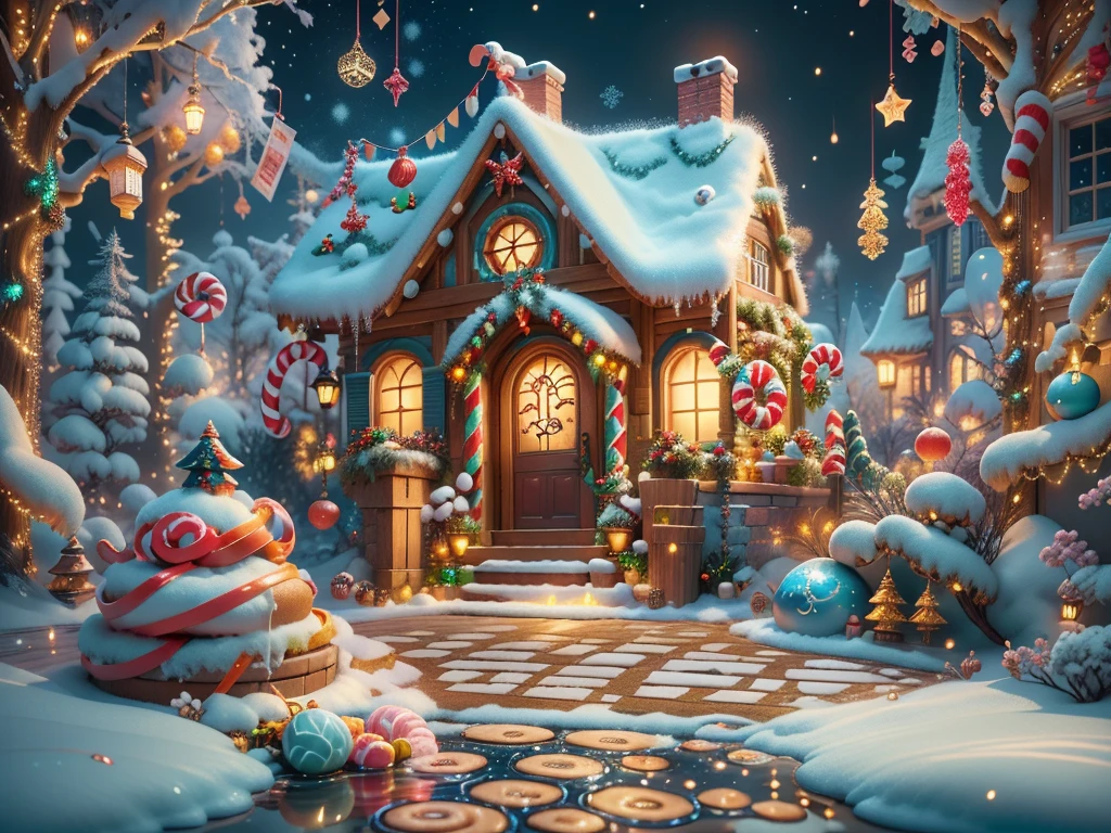 (tmasterpiece),（ultra - detailed:1.3），(Close-up: 1.8), Best quality，（棉花糖一样的白yuki:1.2），（Christmas courtyard in blue fairy tale:1.6），(蓝色门上圣诞decorationlower ring: 1.8),（suns），(((Delicious candies in front of the door，Christmas tree, gifts, Christmas stockings, cute gingerbread man，chocolate house splash))), Illustration style, decorations, Fantasy Christmas small courtyard, Lovely design style, yuki，rays of sunshine，vivd colour、 ((Whimsical and charming fantasy)), Surreal portrait, (Fantasy themed Christmas cabin), (Whimsical Christmas Accessories), (Colorful, Landscape full of candy), (enchanting, 神奇的Christmas tree), (A vibrant one, Candy-colored courtyard), (Candy Road), (blue candy door) in distance, (Like a mirror, 不对称tmasterpiece钟表配件), (Rich, fantasticcolors), (温暖的rays of sunshine), (four dimensional dream), (enchanting atmosphere), (Playful composition), (生动的rays of sunshine效果), 1.4x realism，hyper HD，Shown in this beautiful scene，(Very meticulous，Reasonable design，Clear lines，High- sharpness，tmasterpiece，offcial art，movie light effect，8K)