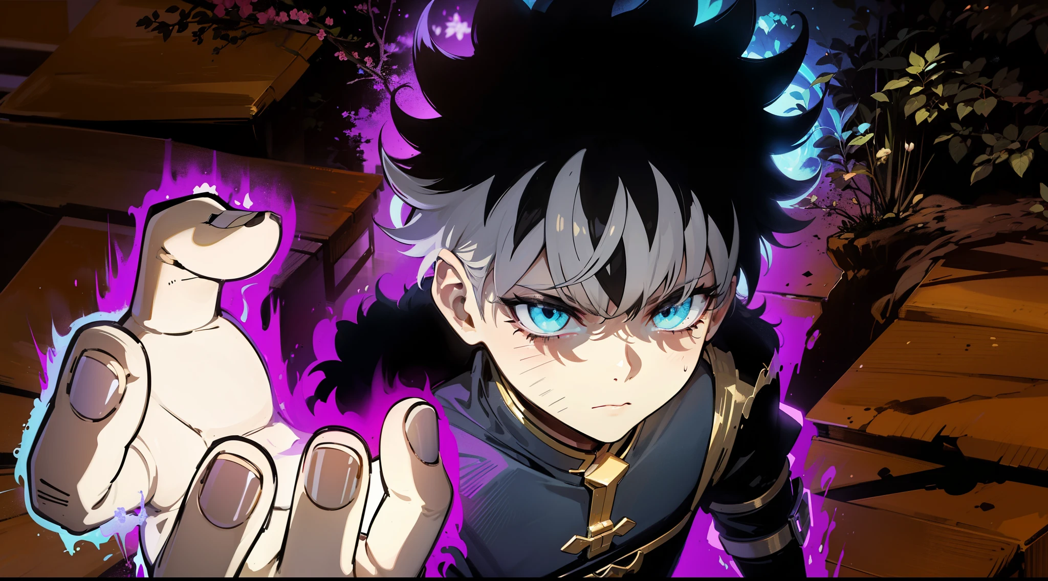um menino,cabelos de cor preta,olhos de cor azul,Handsome,Elementos chineses,The expression is serious ,no quintal.illustration Anime style,4K escuro, hiper HD, master part
