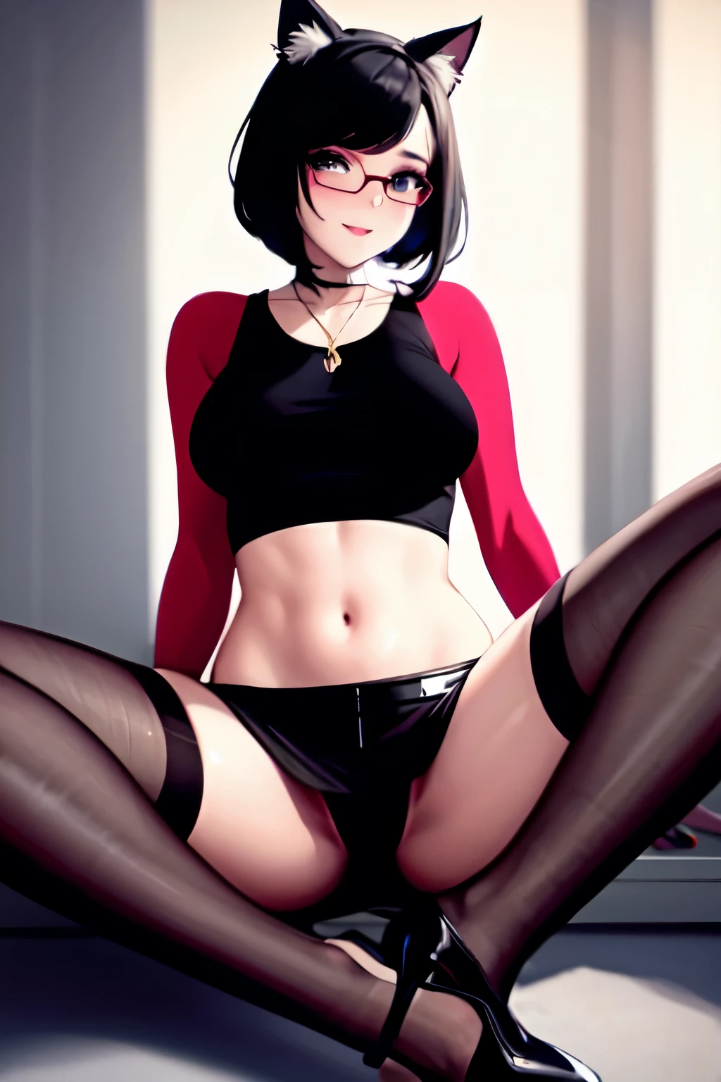 ((best quality)), A white girl with a cute face, wearing prescription glasses, rosy cheeks, big and wide eyes, black hair, black eyes, long eyelashes, black nail polish, a large and prominent chest, a medium waist, wearing a sleeveless short t-shirt, an extremely short skirt below the navel, and black high heels, cat ears ,soo horny