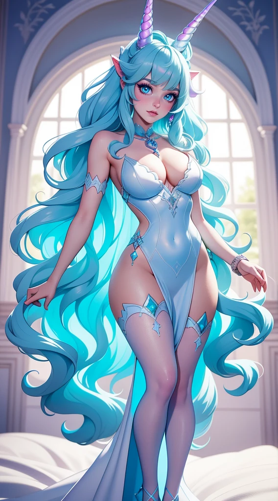 {-erro_de_anatomia:1.0} There is a white unicorn girl, blue mane and long mane, white unicorn, unicorn, unicorn horns, A unicorn, celestia, Nine stories, blue unicorn, soft dreamy, cinematic light《fangs》Unicorn in, mythological creatures, a mythical creature, Pokémon illustration, unicorns, a glaceon princess, Auroracore, ghostly iridescent, image good for rendering, laying in the bed, unicorn girl, full body.