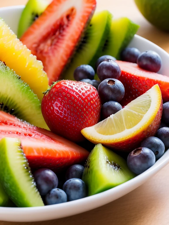 A vibrant fruit salad filled with juicy kiwi, sweet strawberries, tangy oranges, and plump grapes. The fruits glisten under the sunlight, showcasing their vibrant colors and enticing freshness. The kiwi slices are perfectly green with tiny black seeds, while the strawberries are bright red and dotted with small seeds. The oranges are a vibrant orange hue, their succulent wedges bursting with citrus flavor. The grapes are plump and delicious, ranging in color from deep purple to lush green. This fruit salad is a masterpiece of nature's bounty, with each fruit adding its unique flavor and texture to the delicious medley. The fruits are arranged in a crystal-clear glass bowl, adding a touch of elegance to the scene. The bowl is placed atop a wooden table, complementing the natural and fresh aesthetic of the fruit salad. The lighting is soft and warm, casting a gentle glow over the fruits and emphasizing their vibrant colors. The overall image quality is of the highest standard, with ultra-detailed textures and vivid colors. The artwork has a realistic and photorealistic style, capturing the beauty of the fruits in remarkable detail. The color palette is a harmonious blend of vibrant hues, creating an inviting and appetizing composition.