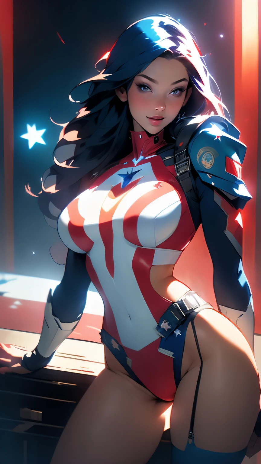 ((Best quality)), ((masterpiece)), (detailed: 1.4), Absurd, Captain America, war-ready brunette woman soldier, back, perfect ass, defined muscular body, half-thick bare thighs, closed mouth, only in panties, muscular body parts covered by technological clothing, (((large breasts)) perfect, generous neckline, ((dark blue, red and white clothing)), USA, pastel, long black straight hair,  short underwear, garter belt, by mucha, niji --V5, close to real, best quality, almost naked, psychopathic, crazy face, sexy pose, 2 piece outfit, star and lightning drawings on the arms, cyberpunk, bra Dark blue with 5-pointed stars covering the breasts, red and white stripes on the arms, pointed shoulder pads, blue eyes without pupils,  HDR (High Dynamic Range),Ray Tracing,NVIDIA RTX,Super-Resolution,Unreal 5,Subsurface Dispersion, PBR Texture, Post-processing, Anisotropic filtering, Depth of field, Maximum clarity and sharpness, Multilayer textures, Albedo and specular maps, Surface shading, Accurate simulation of light-material interaction, Perfect proportions, Octane Render, Two-tone lighting, Wide aperture, Low ISO, White balance, Rule of thirds,  8K