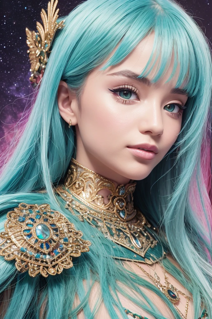 (best quality,4k,8k,highres,masterpiece:1.2),ultra-detailed,(realistic,photorealistic,photo-realistic:1.37),detailed eyes and face,longeyelashes,a girl with rainbow-colored hair and a detailed teal dress adorned with armor,an elaborate pose,a background of rainbow-colored nebulae and galaxies,twinkling stars, intricate details,a perfect face