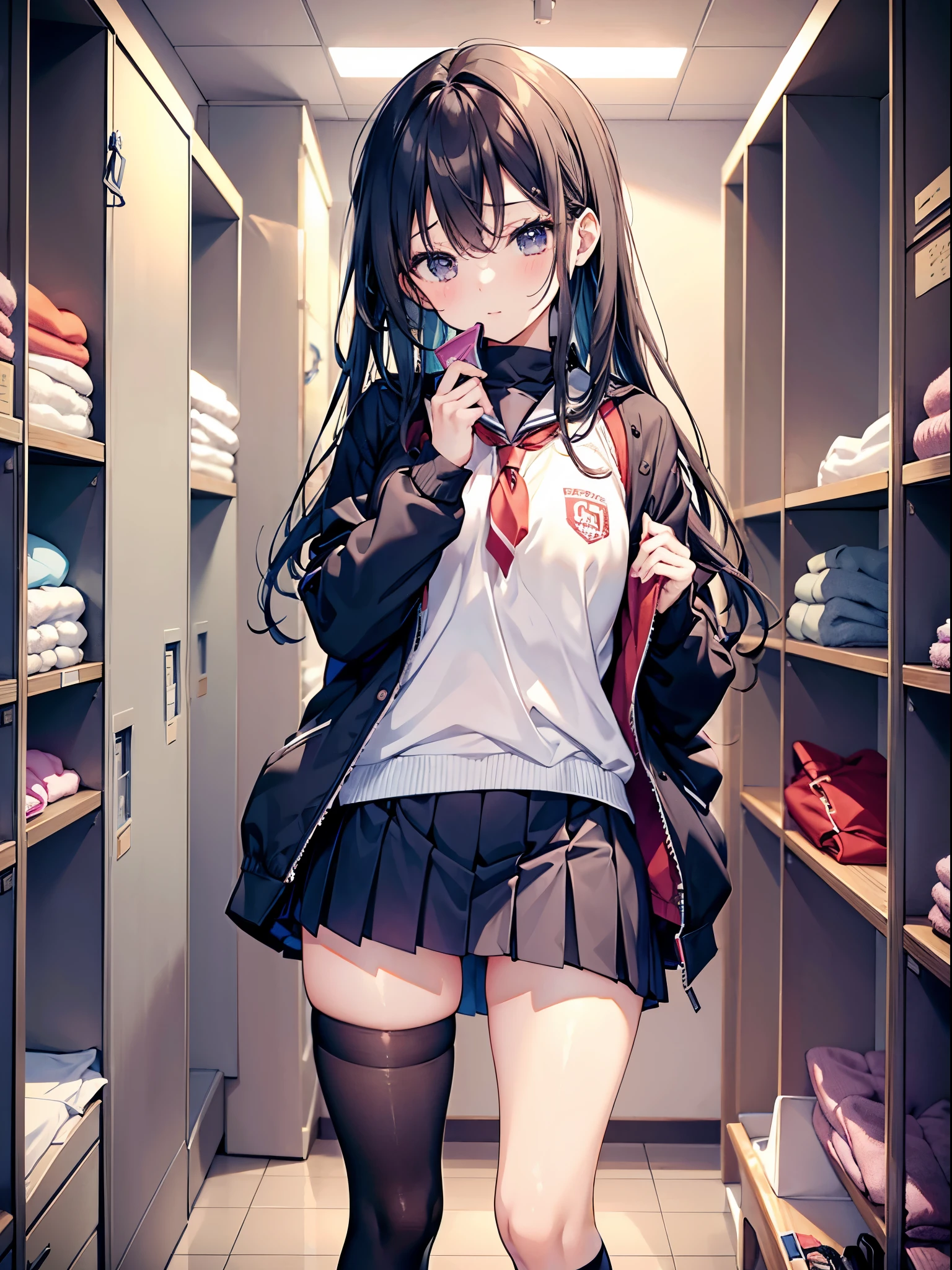 This is the changing room of a Japanese girls&#39; high school.、High school girl changing clothes in locker room、I&#39;m in the middle of changing clothes、I&#39;m taking down my skirt、制服の正面を開いてお腹とUnderwear is visible、seminude、R-18 、erotic manga、erotic illustration、adult doujinshi、Underwear is visible、They have pubic hair growing on their thighs.、I'm wearing black stockings、A woman with a good amount of flesh、I&#39;m taking off my casual clothes、All Japan